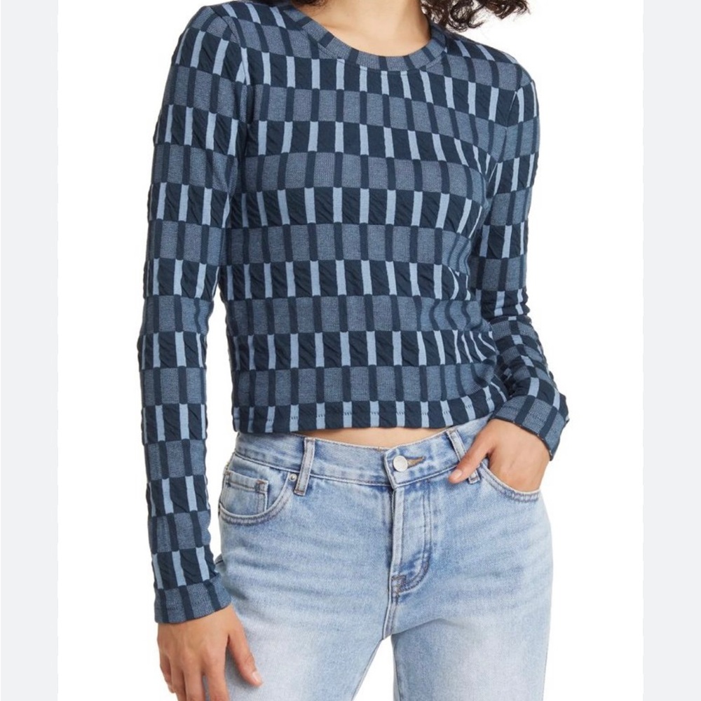 Madewell Fine Ribbed Checkered Long Sleeve Crop Top